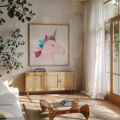 Unicorn Power I by Courtney Prahl. Shown in a natural wood frame in a cozy modern living room. Available as an archival giclee rolled canvas, fine art paper, or poster print. SKU 41586a.