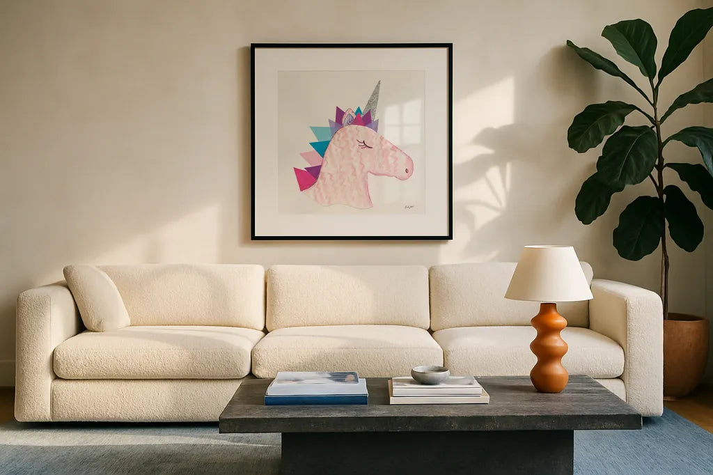 Unicorn Power I by Courtney Prahl. Displayed in a glass frame with matte in a clean modern living room. Available as an archival giclee rolled canvas, fine art paper, or poster print. SKU 41586a.