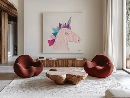 Unicorn Power I by Courtney Prahl. Shown as extra-large giant wall art in a modern living room. Available as an archival giclee rolled canvas, fine art paper, or poster print. SKU 41586a.