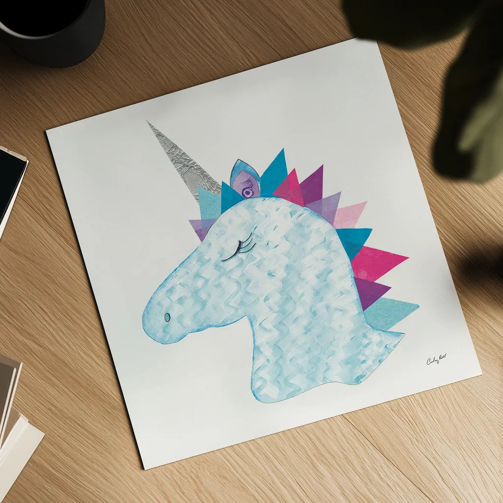 Unicorn Power II by Courtney Prahl. Shown as a detailed flat fine art print, highlighting archival giclee quality. Available as an archival giclee rolled canvas, fine art paper, or poster print. SKU 41587a.