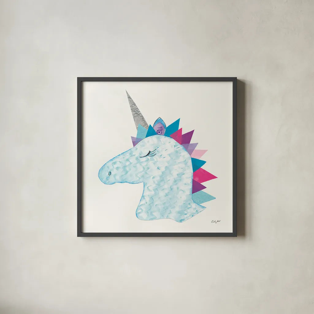 Unicorn Power II by Courtney Prahl. Shown in a sleek black glass frame for a contemporary gallery look. Available as an archival giclee rolled canvas, fine art paper, or poster print. SKU 41587a.