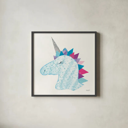 Unicorn Power II by Courtney Prahl. Shown in a sleek black glass frame for a contemporary gallery look. Available as an archival giclee rolled canvas, fine art paper, or poster print. SKU 41587a.