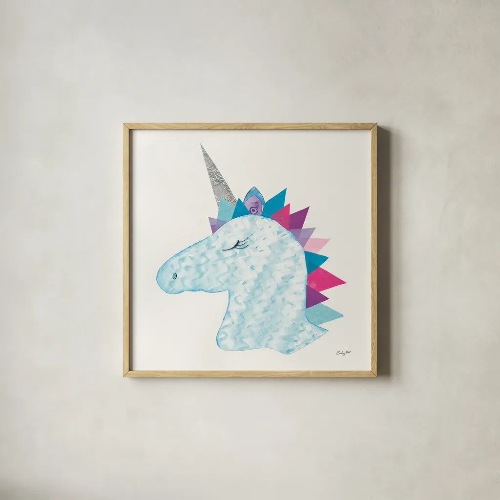 Unicorn Power II by Courtney Prahl. Shown in a natural wood glass frame for a timeless modern aesthetic. Available as an archival giclee rolled canvas, fine art paper, or poster print. SKU 41587a.
