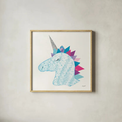 Unicorn Power II by Courtney Prahl. Shown in a natural wood glass frame for a timeless modern aesthetic. Available as an archival giclee rolled canvas, fine art paper, or poster print. SKU 41587a.