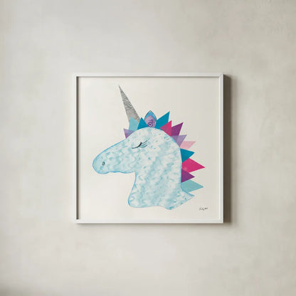 Unicorn Power II by Courtney Prahl. Shown in a crisp white glass frame for a clean and minimalist style. Available as an archival giclee rolled canvas, fine art paper, or poster print. SKU 41587a.