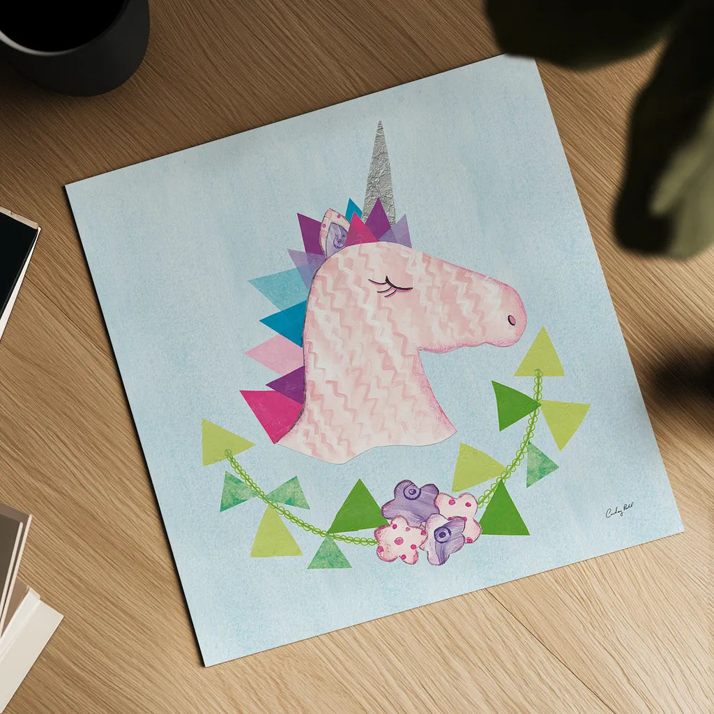 Unicorn Power III by Courtney Prahl. Shown as a detailed flat fine art print, highlighting archival giclee quality. Available as an archival giclee rolled canvas, fine art paper, or poster print. SKU 41588a.