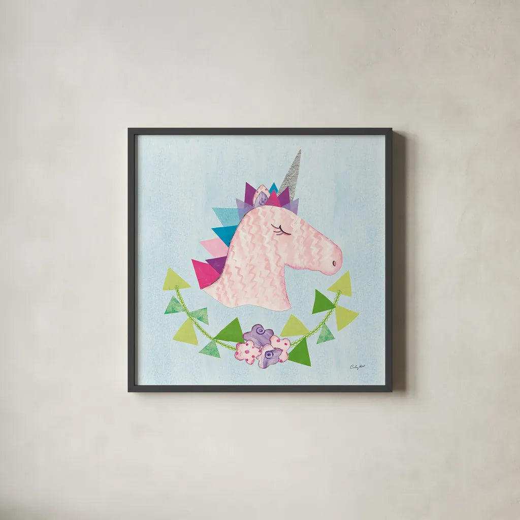 Unicorn Power III by Courtney Prahl. Shown in a sleek black glass frame for a contemporary gallery look. Available as an archival giclee rolled canvas, fine art paper, or poster print. SKU 41588a.