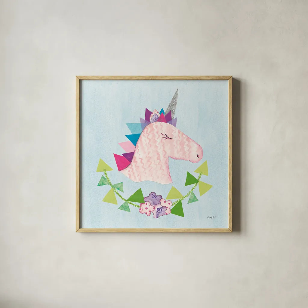 Unicorn Power III by Courtney Prahl. Shown in a natural wood glass frame for a timeless modern aesthetic. Available as an archival giclee rolled canvas, fine art paper, or poster print. SKU 41588a.