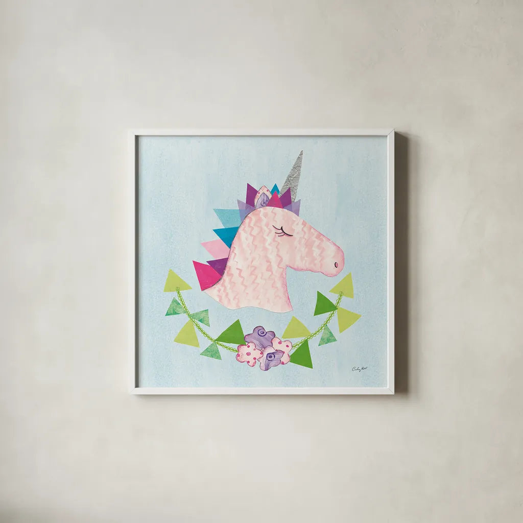 Unicorn Power III by Courtney Prahl. Shown in a crisp white glass frame for a clean and minimalist style. Available as an archival giclee rolled canvas, fine art paper, or poster print. SKU 41588a.