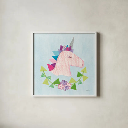 Unicorn Power III by Courtney Prahl. Shown in a crisp white glass frame for a clean and minimalist style. Available as an archival giclee rolled canvas, fine art paper, or poster print. SKU 41588a.