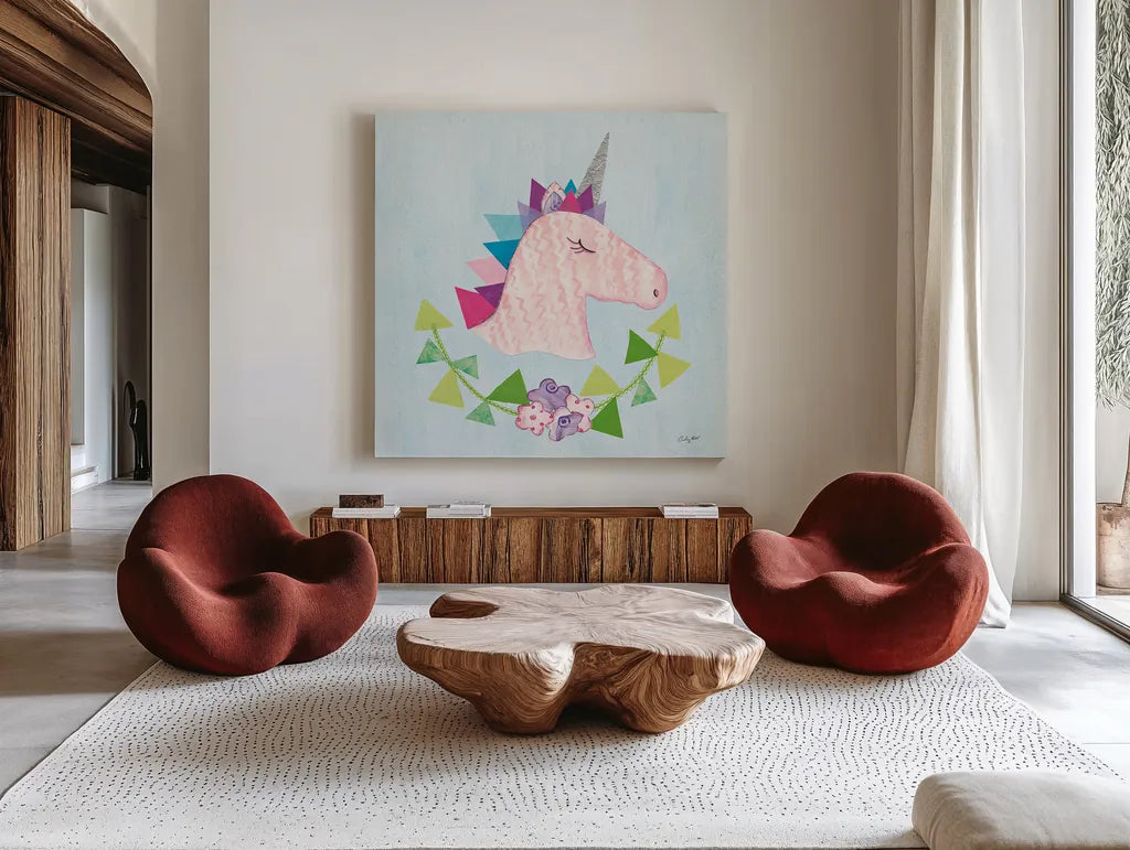 Unicorn Power III by Courtney Prahl. Shown as extra-large giant wall art in a modern living room. Available as an archival giclee rolled canvas, fine art paper, or poster print. SKU 41588a.