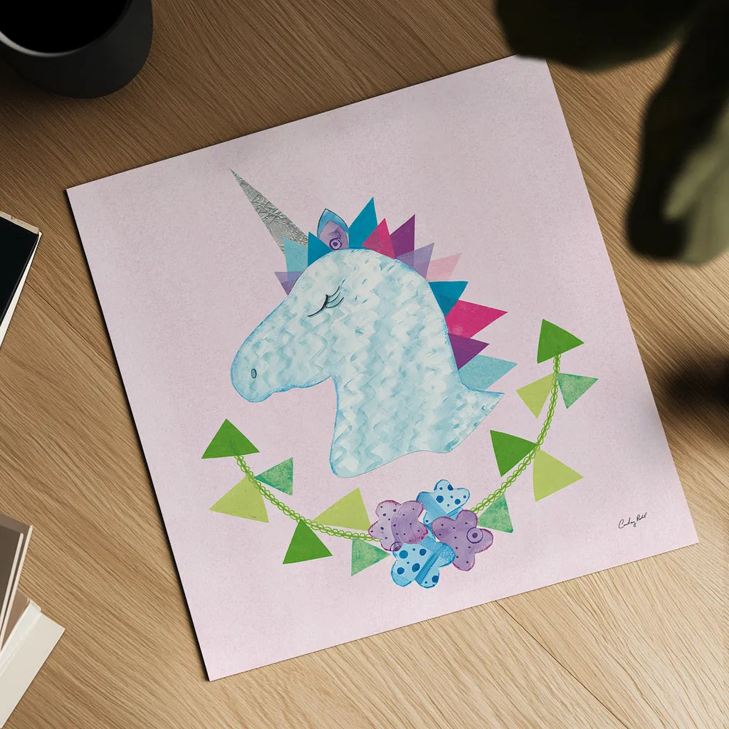 Unicorn Power IV by Courtney Prahl. Shown as a detailed flat fine art print, highlighting archival giclee quality. Available as an archival giclee rolled canvas, fine art paper, or poster print. SKU 41589a.