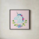 Unicorn Power IV by Courtney Prahl. Shown in a sleek black glass frame for a contemporary gallery look. Available as an archival giclee rolled canvas, fine art paper, or poster print. SKU 41589a.