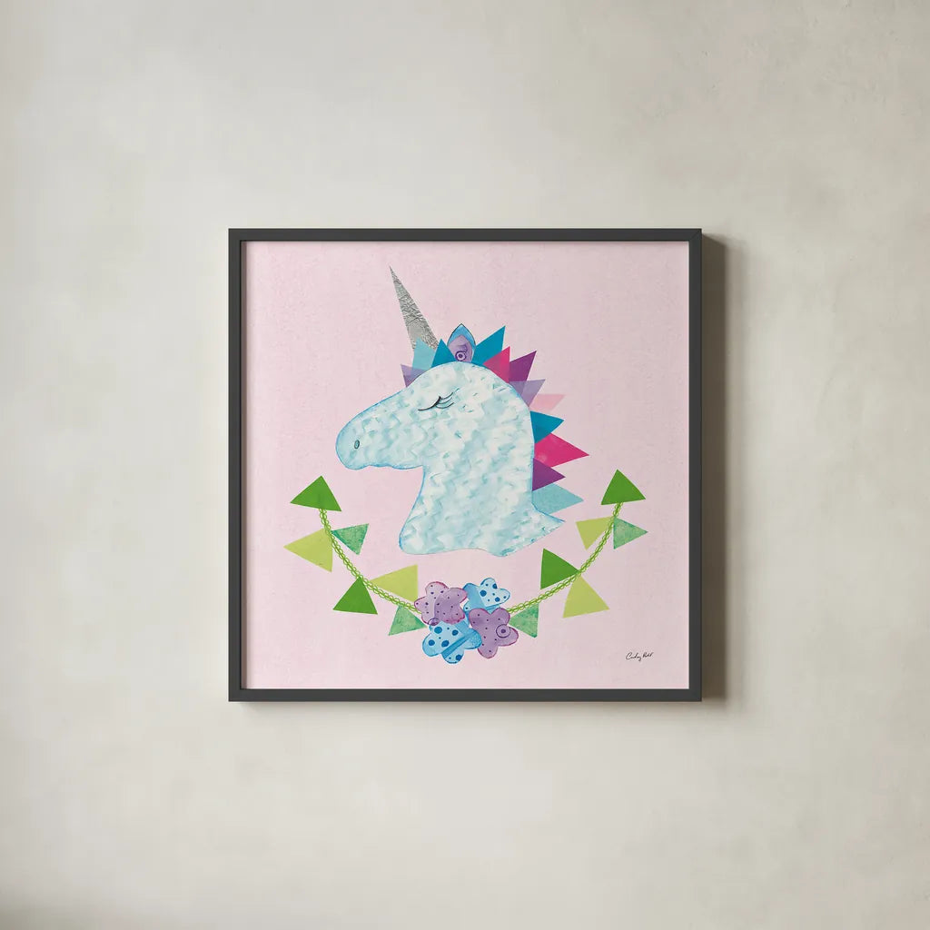 Unicorn Power IV by Courtney Prahl. Shown in a sleek black glass frame for a contemporary gallery look. Available as an archival giclee rolled canvas, fine art paper, or poster print. SKU 41589a.