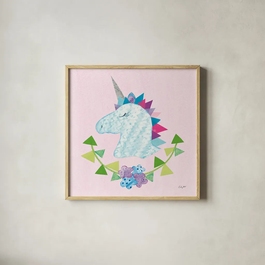 Unicorn Power IV by Courtney Prahl. Shown in a natural wood glass frame for a timeless modern aesthetic. Available as an archival giclee rolled canvas, fine art paper, or poster print. SKU 41589a.
