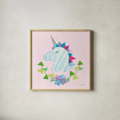 Unicorn Power IV by Courtney Prahl. Shown in a natural wood glass frame for a timeless modern aesthetic. Available as an archival giclee rolled canvas, fine art paper, or poster print. SKU 41589a.