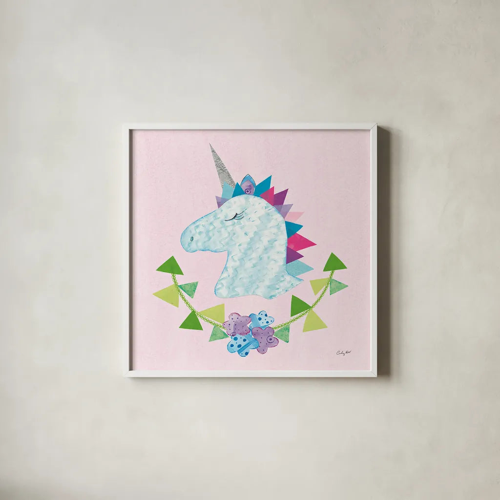 Unicorn Power IV by Courtney Prahl. Shown in a crisp white glass frame for a clean and minimalist style. Available as an archival giclee rolled canvas, fine art paper, or poster print. SKU 41589a.