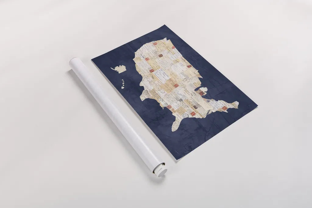 Vintage USA on Indigo by Courtney Prahl. shown as a rolled paper print. Available as archival giclee rolled canvas, fine art paper, or poster print. SKU 53853i.