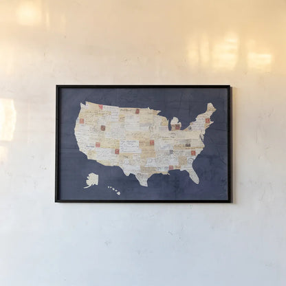 Vintage USA on Indigo by Courtney Prahl. shown as a paper print in a black flame. Available as a archival giclee rolled canvas, fine art paper, or poster print. SKU 53853i.
