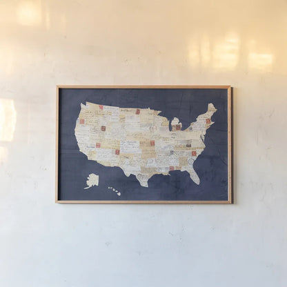 Vintage USA on Indigo by Courtney Prahl. shown as a paper print in a natural frame. Available as a archival giclee rolled canvas, fine art paper, or poster print. SKU 53853i.