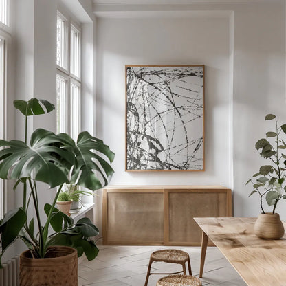 Wayward I by Courtney Prahl. shown as a print in a natural wood frame in a dining room. Available as a archival giclee rolled canvas, fine art paper, or poster print. SKU 89302h.