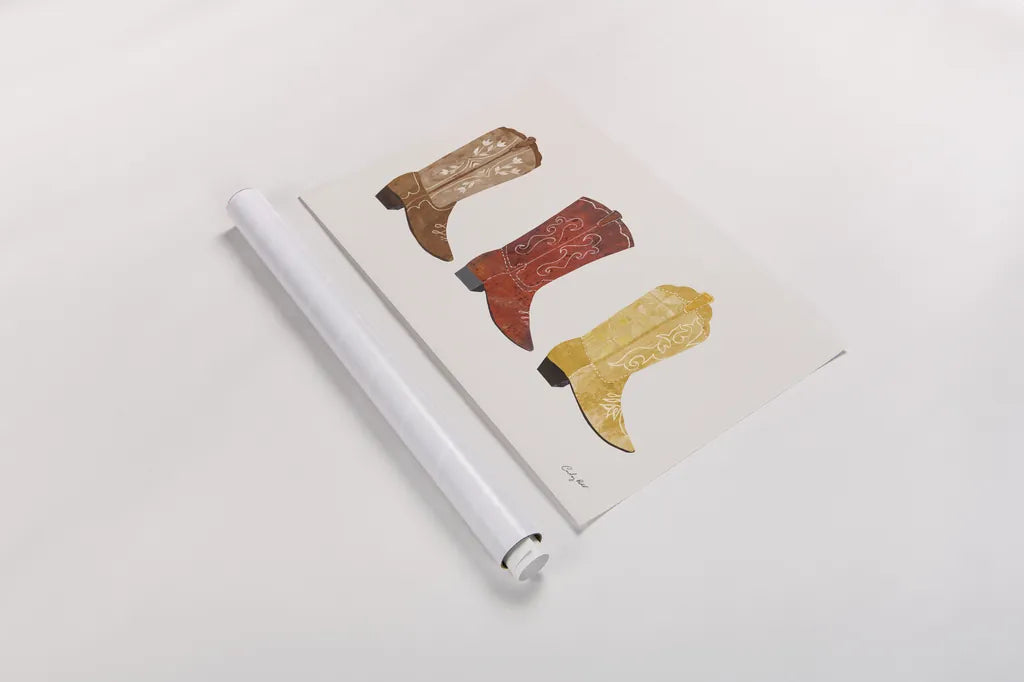 Western Cowgirl Boot VII by Courtney Prahl. shown as a rolled paper print. Available as archival giclee rolled canvas, fine art paper, or poster print. SKU 81379i.