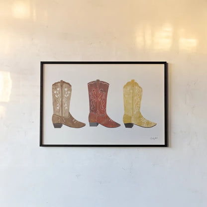 Western Cowgirl Boot VII by Courtney Prahl. shown as a paper print in a black flame. Available as a archival giclee rolled canvas, fine art paper, or poster print. SKU 81379i.