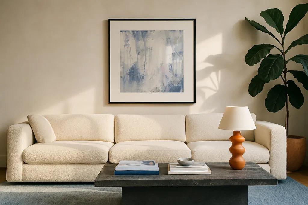 White Out I by Courtney Prahl. Displayed in a glass frame with matte in a clean modern living room. Available as an archival giclee rolled canvas, fine art paper, or poster print. SKU 64279a.