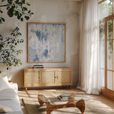 White Out II by Courtney Prahl. Shown in a natural wood frame in a cozy modern living room. Available as an archival giclee rolled canvas, fine art paper, or poster print. SKU 64280a.