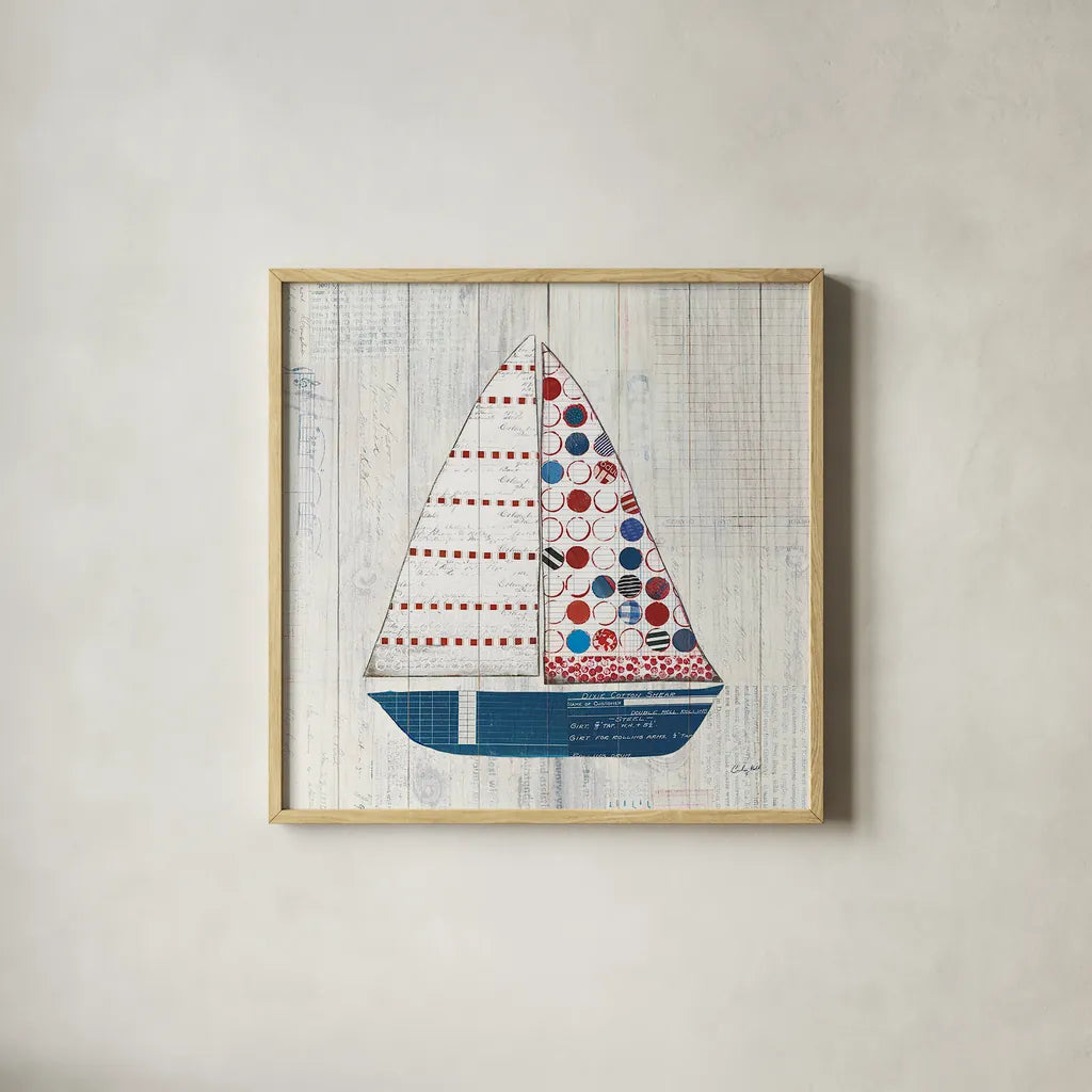 Wind and Waves I Nautical by Courtney Prahl. Shown in a natural wood glass frame for a timeless modern aesthetic. Available as an archival giclee rolled canvas, fine art paper, or poster print. SKU 24264a.