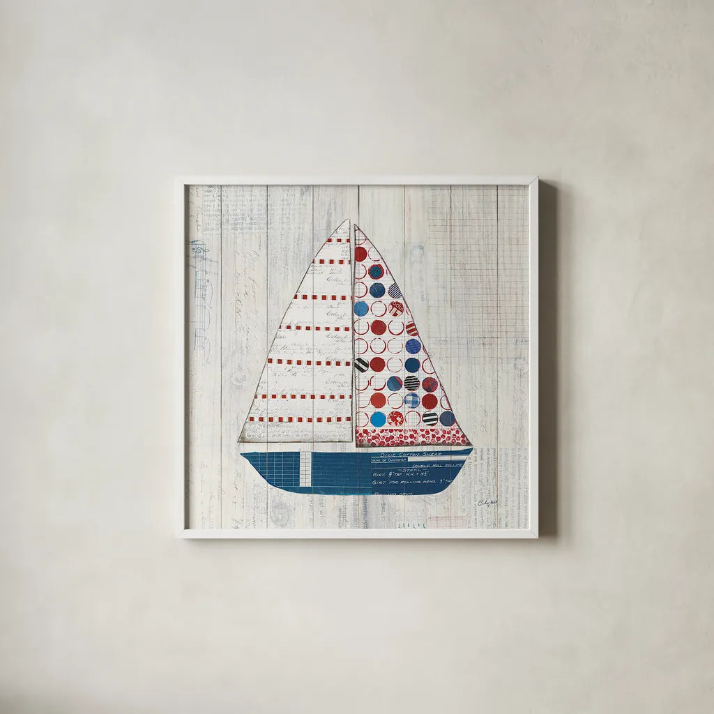 Wind and Waves I Nautical by Courtney Prahl. Shown in a crisp white glass frame for a clean and minimalist style. Available as an archival giclee rolled canvas, fine art paper, or poster print. SKU 24264a.