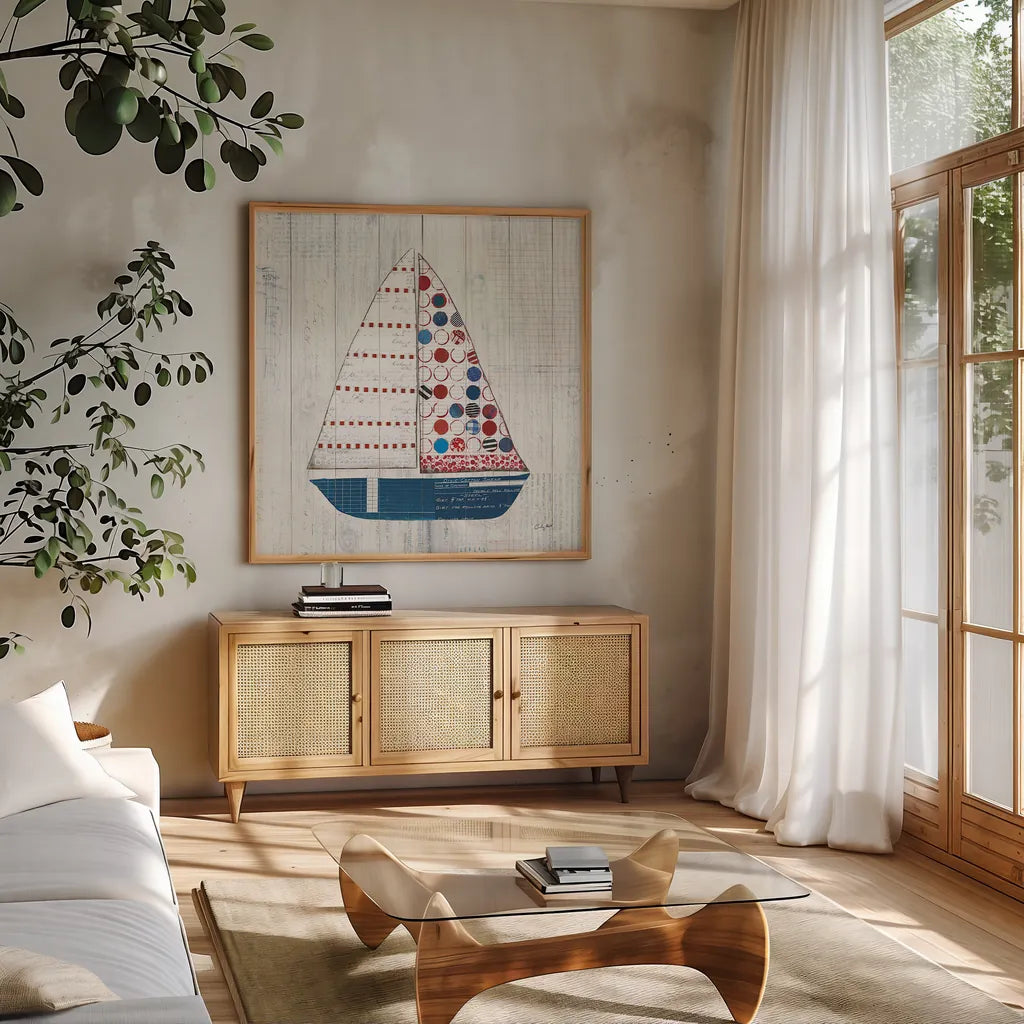 Wind and Waves I Nautical by Courtney Prahl. Shown in a natural wood frame in a cozy modern living room. Available as an archival giclee rolled canvas, fine art paper, or poster print. SKU 24264a.