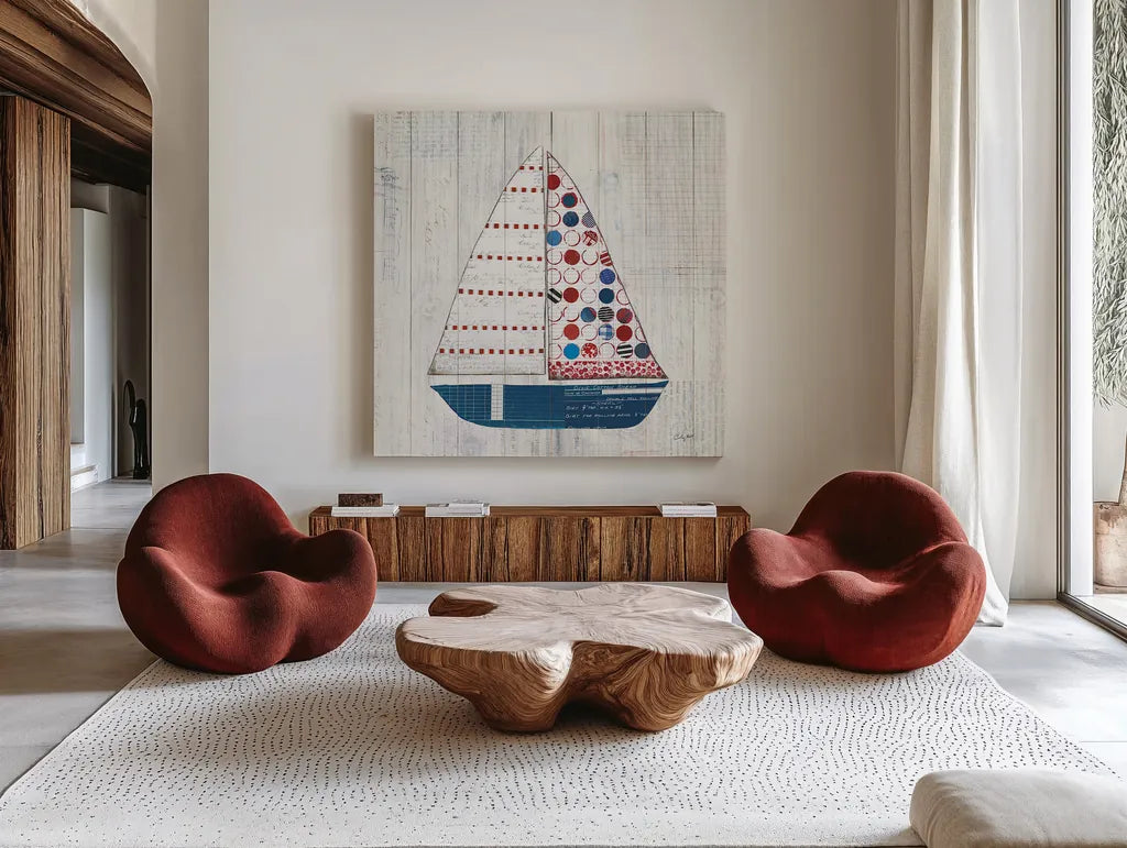Wind and Waves I Nautical by Courtney Prahl. Shown as extra-large giant wall art in a modern living room. Available as an archival giclee rolled canvas, fine art paper, or poster print. SKU 24264a.