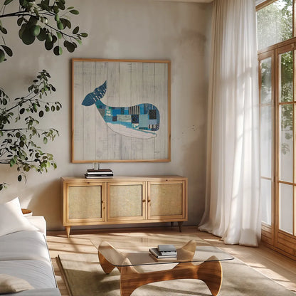 Wind and Waves II Nautical by Courtney Prahl. Shown in a natural wood frame in a cozy modern living room. Available as an archival giclee rolled canvas, fine art paper, or poster print. SKU 24265a.