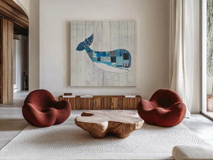 Wind and Waves II Nautical by Courtney Prahl. Shown as extra-large giant wall art in a modern living room. Available as an archival giclee rolled canvas, fine art paper, or poster print. SKU 24265a.