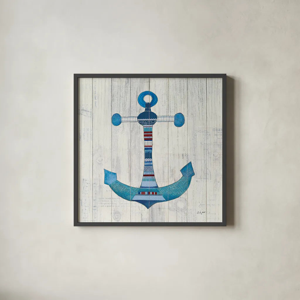 Wind and Waves IV Nautical by Courtney Prahl. Shown in a sleek black glass frame for a contemporary gallery look. Available as an archival giclee rolled canvas, fine art paper, or poster print. SKU 24267a.