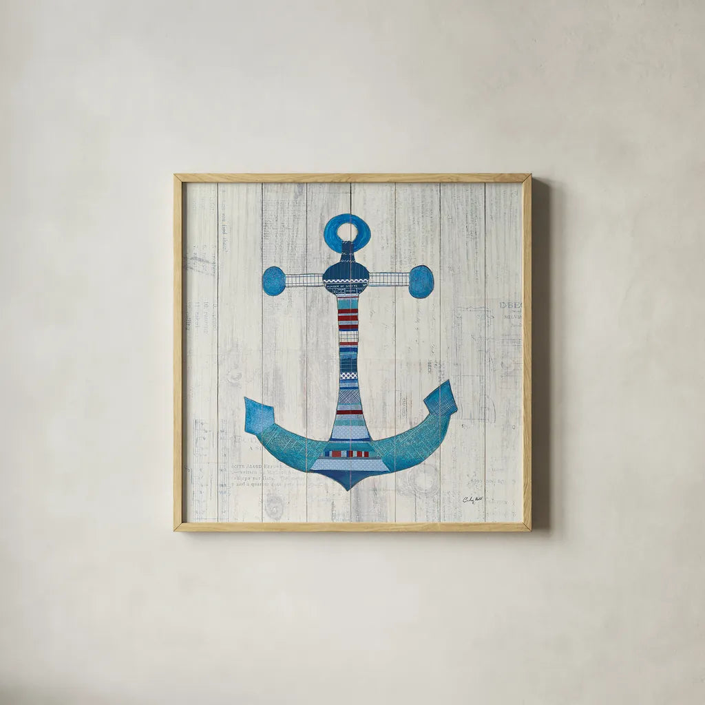Wind and Waves IV Nautical by Courtney Prahl. Shown in a natural wood glass frame for a timeless modern aesthetic. Available as an archival giclee rolled canvas, fine art paper, or poster print. SKU 24267a.