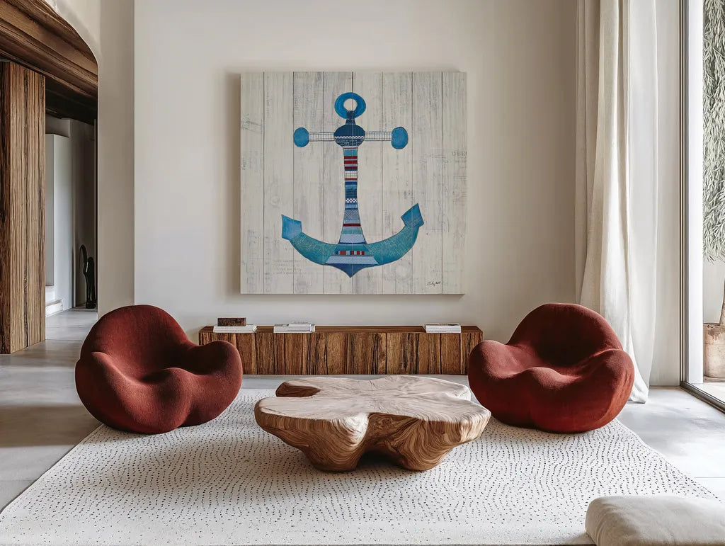Wind and Waves IV Nautical by Courtney Prahl. Shown as extra-large giant wall art in a modern living room. Available as an archival giclee rolled canvas, fine art paper, or poster print. SKU 24267a.