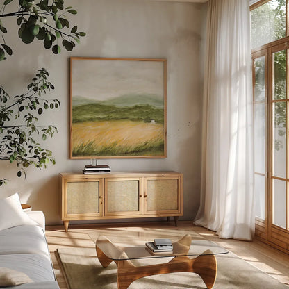 Windswept II by Courtney Prahl. Shown in a natural wood frame in a cozy modern living room. Available as an archival giclee rolled canvas, fine art paper, or poster print. SKU 85525a.
