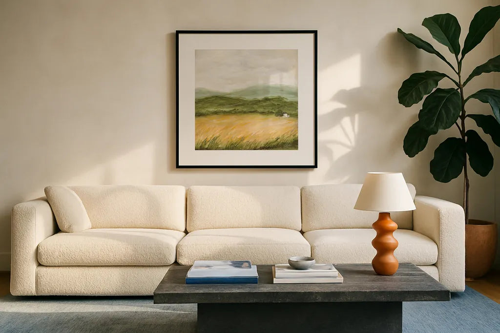 Windswept II by Courtney Prahl. Displayed in a glass frame with matte in a clean modern living room. Available as an archival giclee rolled canvas, fine art paper, or poster print. SKU 85525a.