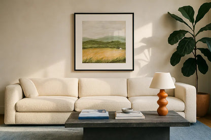 Windswept II by Courtney Prahl. Displayed in a glass frame with matte in a clean modern living room. Available as an archival giclee rolled canvas, fine art paper, or poster print. SKU 85525a.