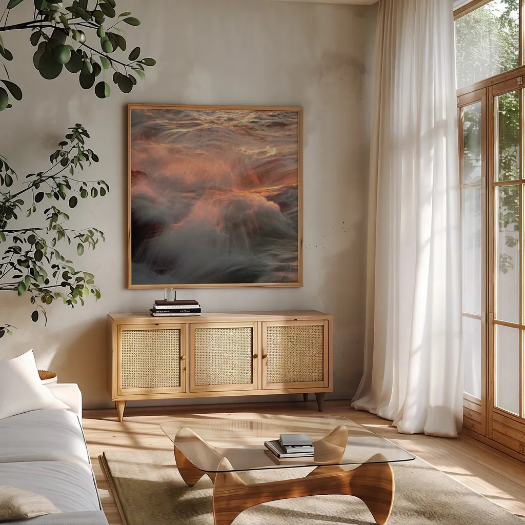 Wonder by Aledanda. Shown in a natural wood frame in a cozy modern living room. Available as an archival giclee rolled canvas, fine art paper, or poster print. SKU 37440a.