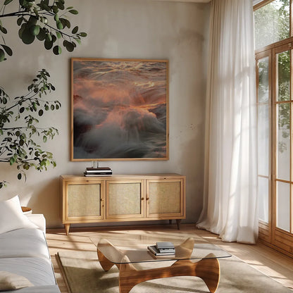Wonder by Aledanda. Shown in a natural wood frame in a cozy modern living room. Available as an archival giclee rolled canvas, fine art paper, or poster print. SKU 37440a.