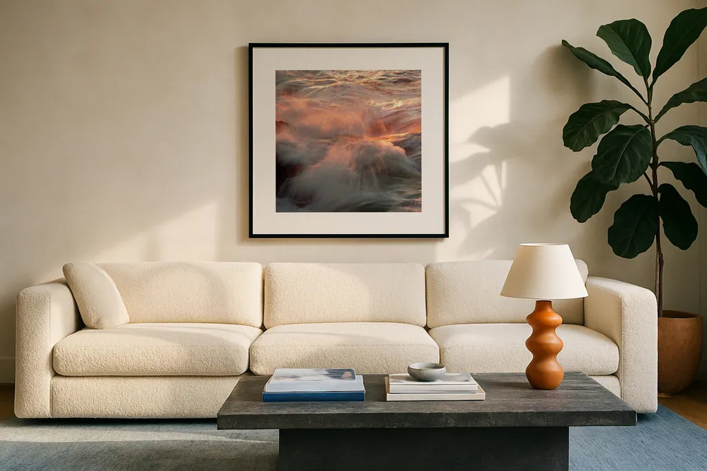 Wonder by Aledanda. Displayed in a glass frame with matte in a clean modern living room. Available as an archival giclee rolled canvas, fine art paper, or poster print. SKU 37440a.