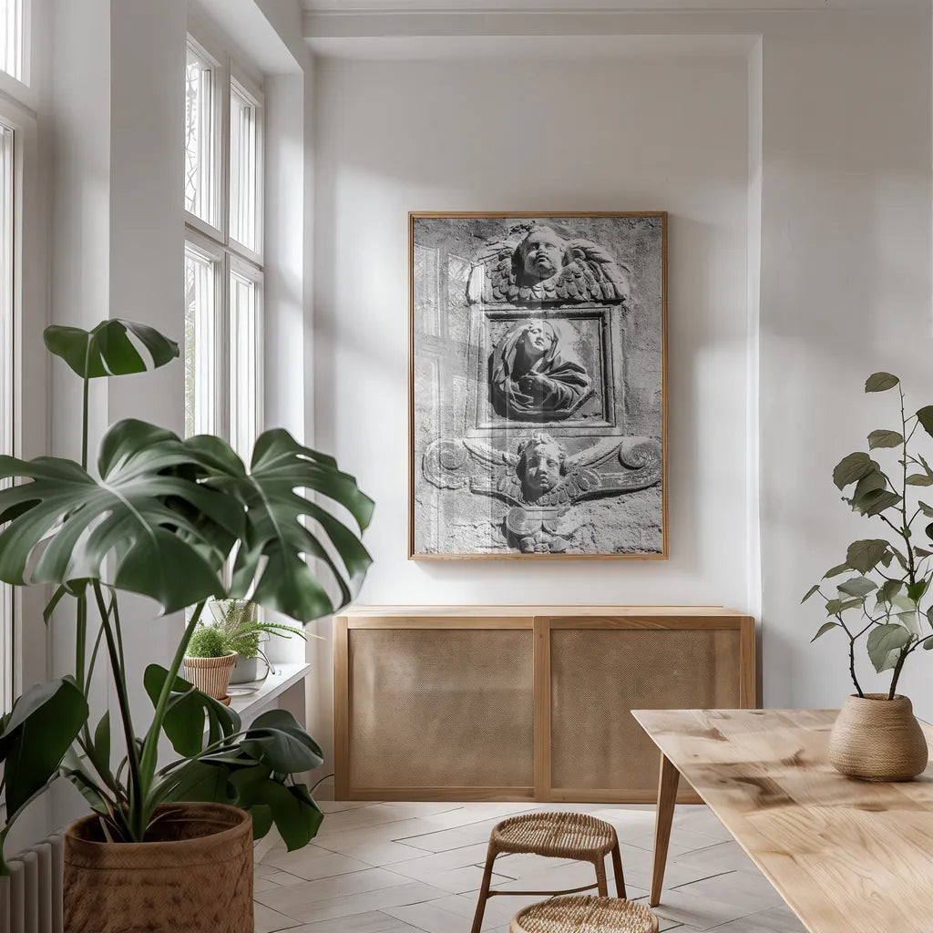 Trio by Aledanda. shown as a print in a natural wood frame in a dining room. Available as a archival giclee rolled canvas, fine art paper, or poster print. SKU 58396h.