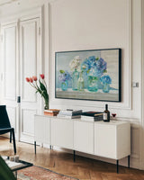 A Beautiful Day at the Beach Crop by Danhui Nai. shown as a framed stretched canvas in a living room above a console. Available as a archival giclee rolled canvas, fine art paper, or poster print. SKU 20688i.