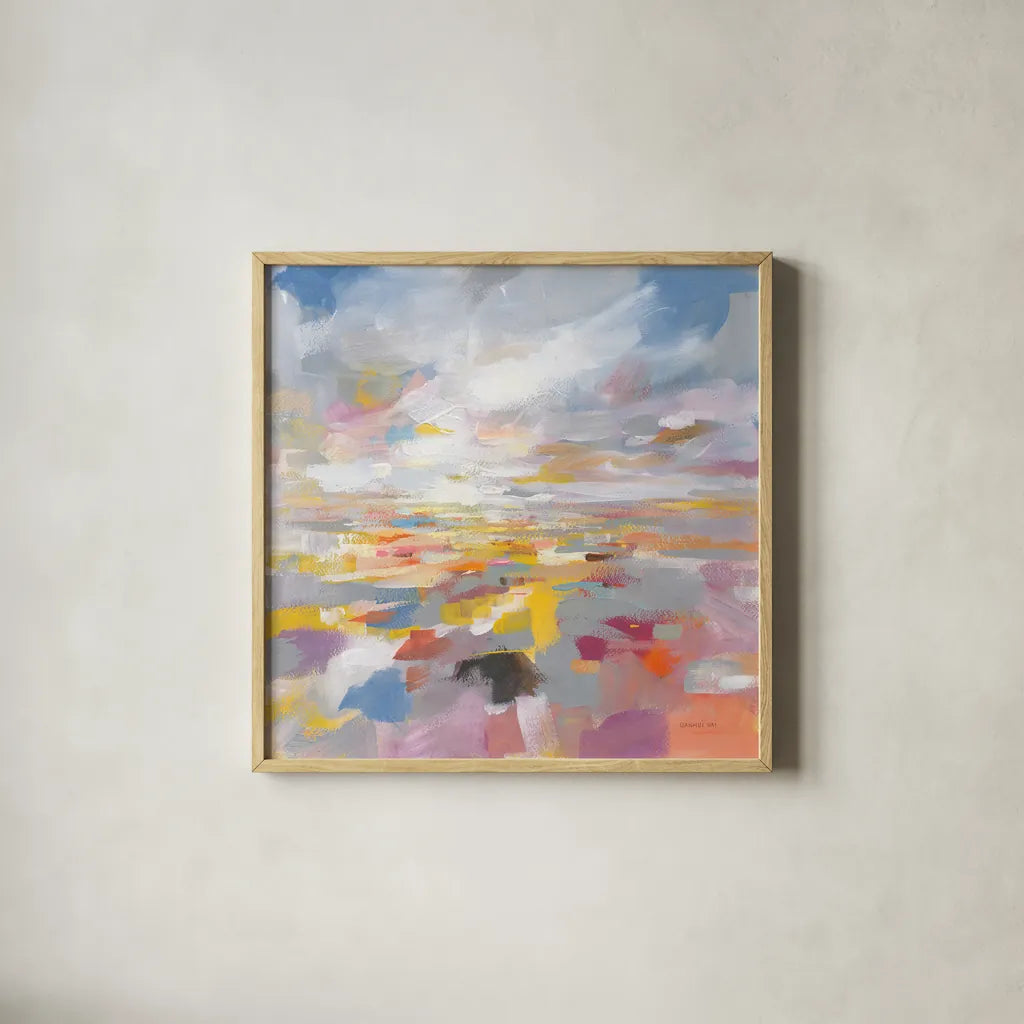 A Colorful Land by Danhui Nai. Shown in a natural wood glass frame for a timeless modern aesthetic. Available as an archival giclee rolled canvas, fine art paper, or poster print. SKU 69061a.