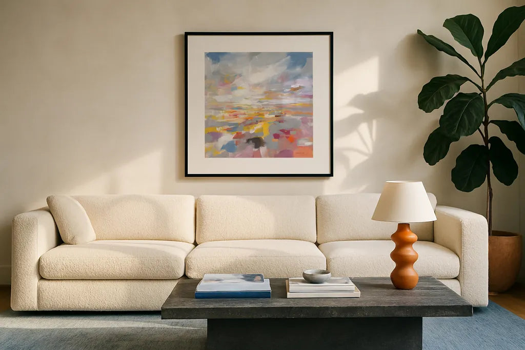 A Colorful Land by Danhui Nai. Displayed in a glass frame with matte in a clean modern living room. Available as an archival giclee rolled canvas, fine art paper, or poster print. SKU 69061a.
