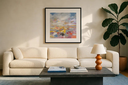 A Colorful Land by Danhui Nai. Displayed in a glass frame with matte in a clean modern living room. Available as an archival giclee rolled canvas, fine art paper, or poster print. SKU 69061a.