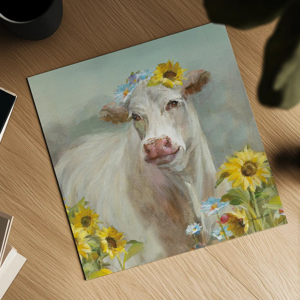 A Cow in a Crown by Danhui Nai. Shown as a detailed flat fine art print, highlighting archival giclee quality. Available as an archival giclee rolled canvas, fine art paper, or poster print. SKU 70498a.